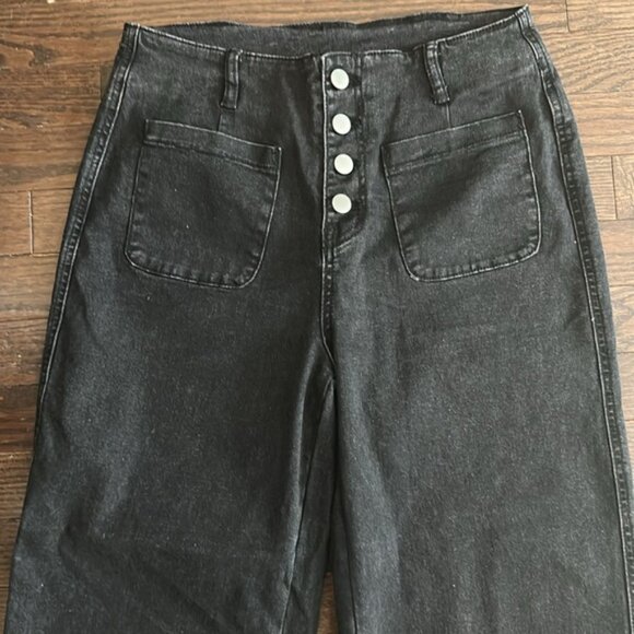 Addkaka Wide Leg High Rise Exposed Button Fly Wide Leg Culotte Stretch Jeans - Picture 8 of 9